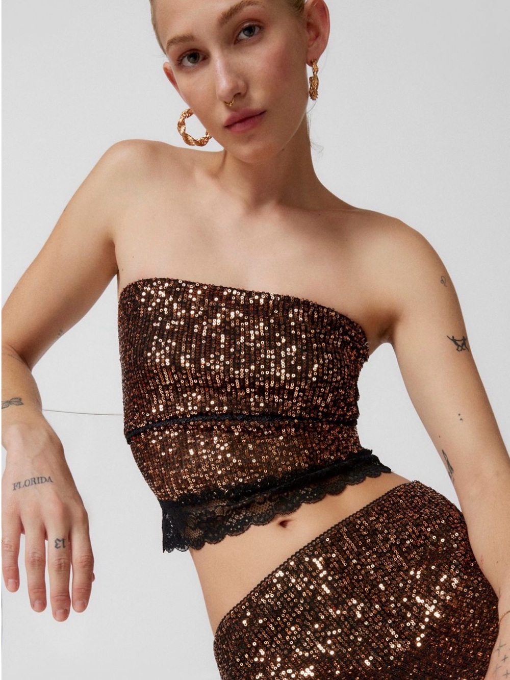 Urban Outfitters Bronze Sequin Lace Tube Top